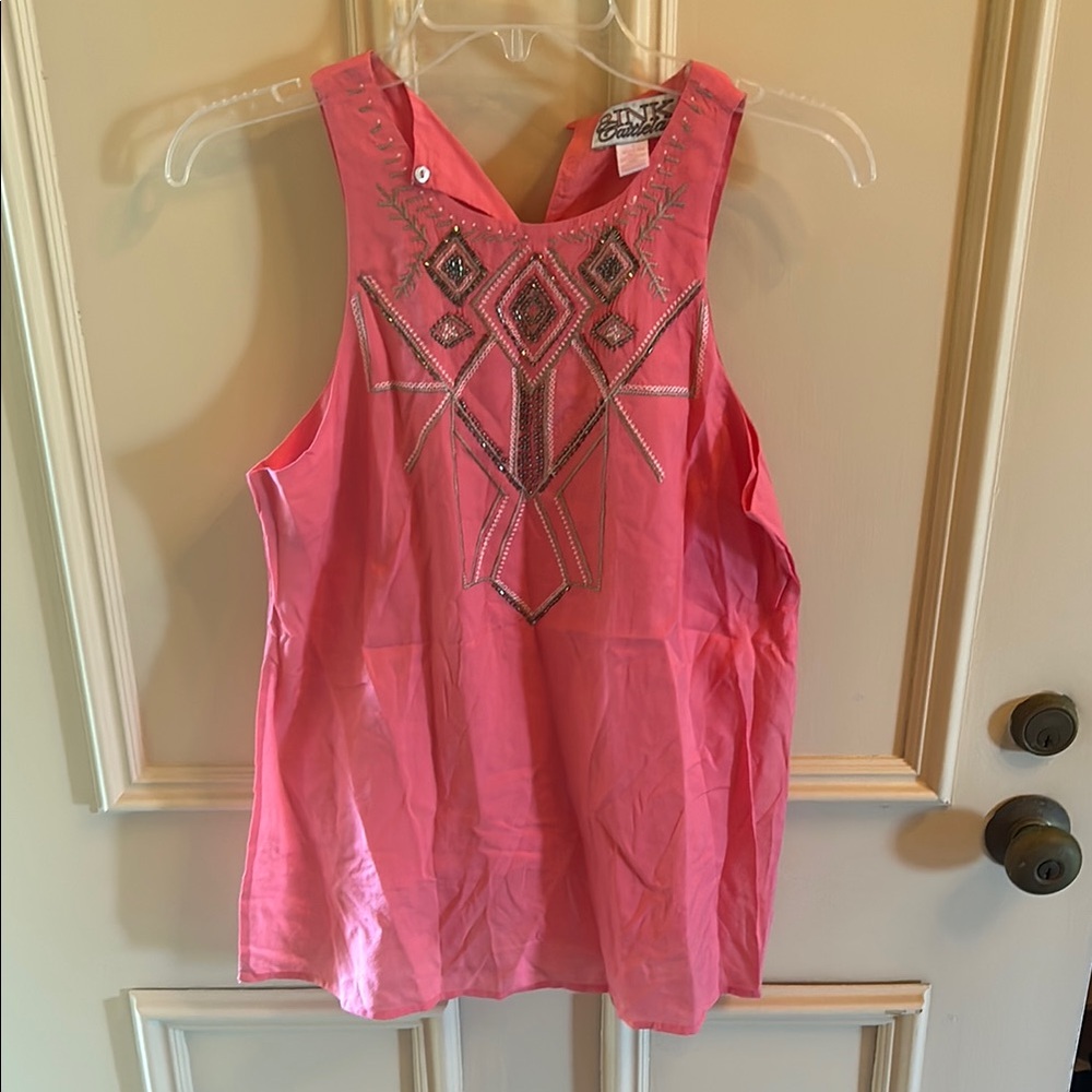 Pink Sleeveless Tank Top with Embroidered Neckline